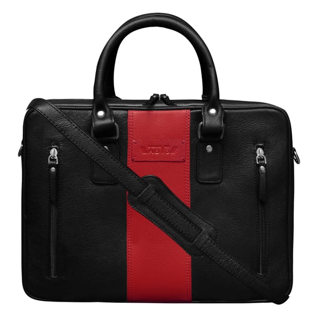 ABYS Genuine Leather Black & Red Laptop Bag for Men and Women
