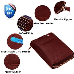 ABYS Genuine Leather RFID Protected Unisex Maroon Card Wallet With Metallic Zip Closure-(IN202BU)