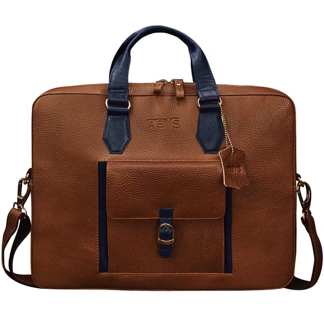 ABYS Genuine Leather 14 Inch Laptop Tan-Blue Shoulder Messenger Bag For Men And Women-(IN08TNBL)