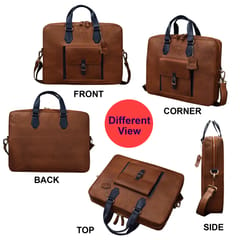 ABYS Genuine Leather 14 Inch Laptop Tan-Blue Shoulder Messenger Bag For Men And Women-(IN08TNBL)