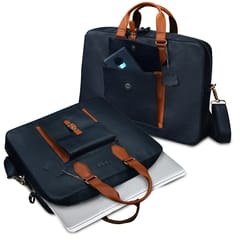 ABYS Genuine Leather 14 Inch Laptop Blue-Tan Shoulder Messenger Bag For Men And Women-(IN08BLTN)