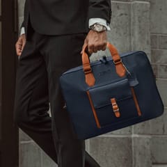 ABYS Genuine Leather 14 Inch Laptop Blue-Tan Shoulder Messenger Bag For Men And Women-(IN08BLTN)