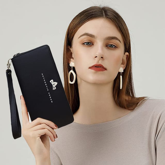 VEGAN Leather RFID Protected Black Wallet/Purse/Clutch/Handbag For Women
