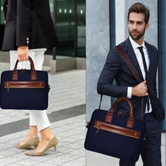 ABYS Genuine Leather & Canvas Blue Laptop Bag[14 Inch]