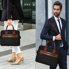 ABYS Genuine Leather & Canvas Black Laptop Bag[14 Inch]