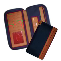 VEGAN Tan Artificial Leather & Blue Canvas RFID Protected Long Card Holder Wallet