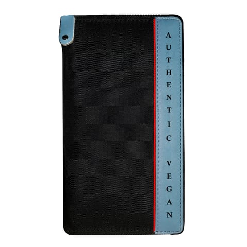 VEGAN Sky Blue Artificial Leather & Black Canvas RFID Protected Long Card Holder Wallet