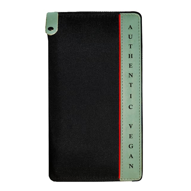 VEGAN Sea Green Artificial Leather & Black Canvas RFID Protected Long Card Holder Wallet