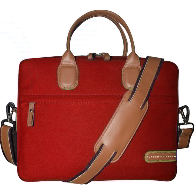 VEGAN Brown Leather & Red Fabric Laptop Messenger Bag For Women