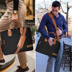 VEGAN Brown Leather & Black Fabric Laptop Messenger Bag For Women