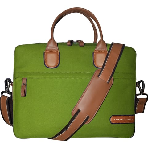 VEGAN Brown Leather & Light Green Fabric Laptop Messenger Bag For Women