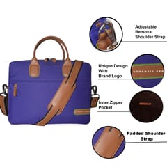 VEGAN Brown Leather & Navy Blue Fabric Laptop Messenger Bag For Women