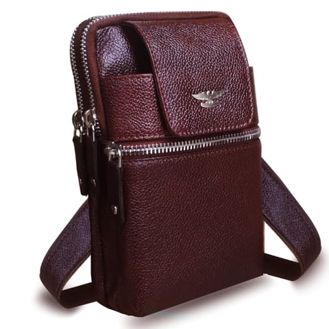 ABYS Genuine Leather Dark Brown Vertical Passport/Mobile Pouch Cum Waist Bag for Men & Women