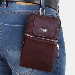 ABYS Genuine Leather Dark Brown Vertical Passport/Mobile Pouch Cum Waist Bag for Men & Women