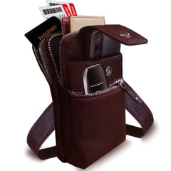 ABYS Genuine Leather Dark Brown Vertical Passport/Mobile Pouch Cum Waist Bag for Men & Women