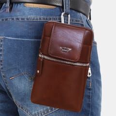 ABYS Genuine Leather Brown Tan Vertical Passport/Mobile Pouch Cum Waist Bag for Men & Women