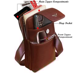 ABYS Genuine Leather Brown Tan Vertical Passport/Mobile Pouch Cum Waist Bag for Men & Women