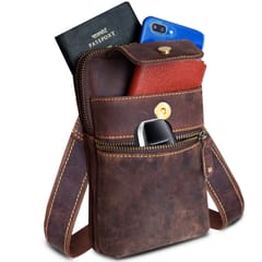 ABYS Genuine Leather Brown Tan Vertical Waist/Sling Bag/Passport/Mobile Pouch for Men & Women