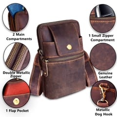 ABYS Genuine Leather Brown Tan Vertical Waist/Sling Bag/Passport/Mobile Pouch for Men & Women