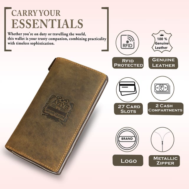 ABYS Hunter Leather Dark Brown Credit Debit Card Holder Wallet | Unisex Card Organiser | 27 Card Slots | RFID Protection