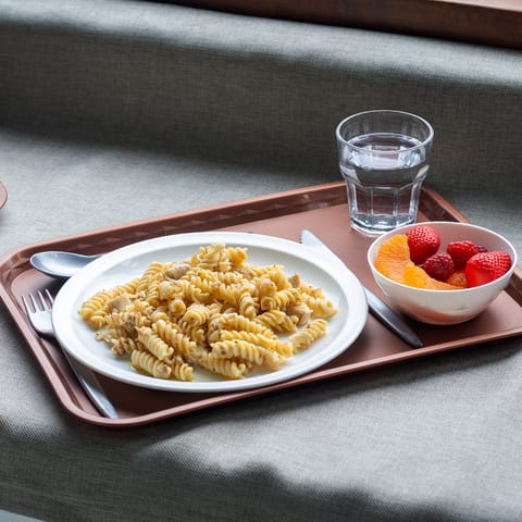 Dinner served on an antibacterial copper tray.