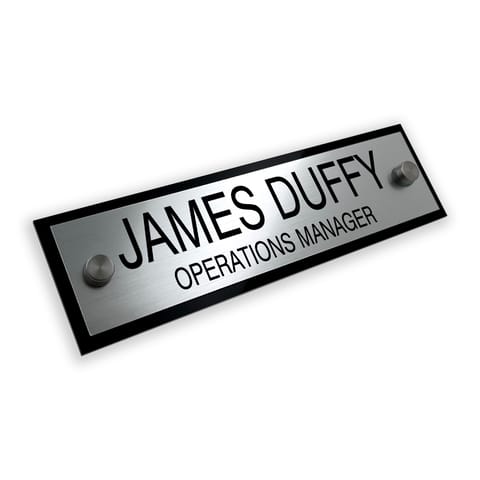 Badgemaster Premium Brushed Silver/Gold Custom Personalised Office Home Desk Name Plaque Acrylic Black