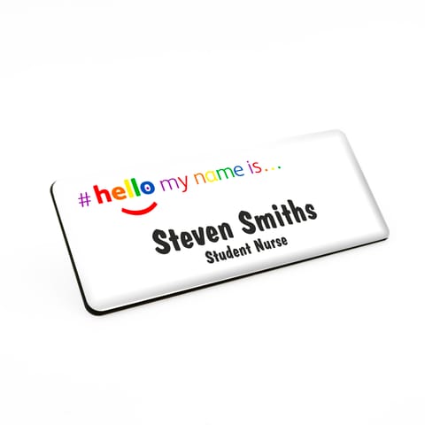 Hello My Name is Rainbow Colours Premium Durable Personalised Name Badges Magnet White Black 76 x 32mm