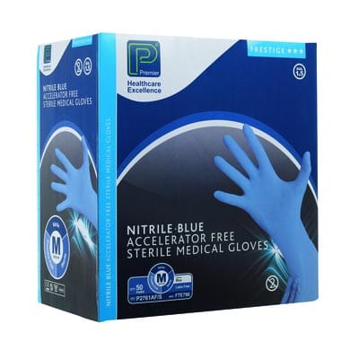 Premier Sterile Blue Nitrile P/F Gloves, AF/S L per 50 pairs