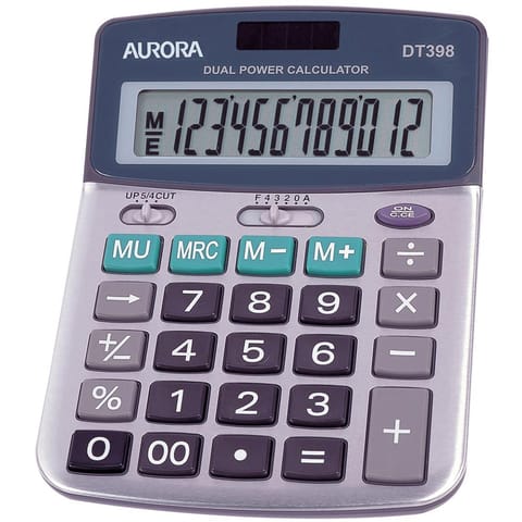 Aurora Semi-desk Calculator 12 Digit 3 Key Memory Battery/Solar Power 103x30x138mm Grey Ref DT398