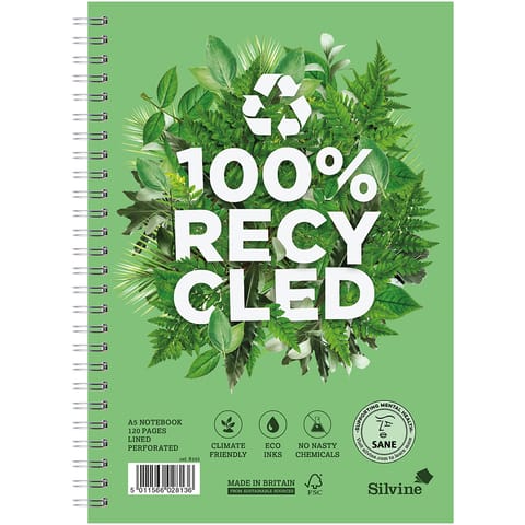 Silvine Premium Recycled Nbk Wirebnd 80gsm Ruled Margin Perf Punched 4 Holes 120pp A5+ Ref R103 [Pack 5]