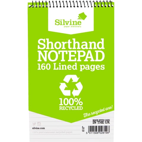 Silvine Recycled Shorthand Pad Wirebound 70gsm Ruled 160pp 127x203mm Green Ref RE160 [Pack 12]