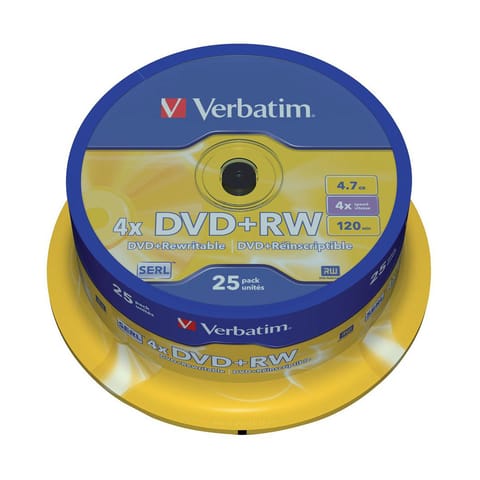 Verbatim DVD+RW Rewritable Disk Spindle 1x-4x Speed 120min 4.7Gb Ref 43489 [Pack 25]