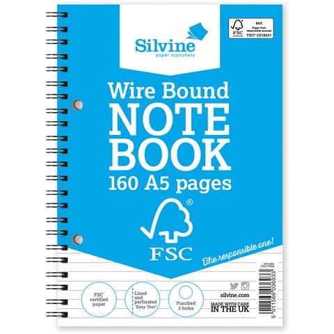 Silvine FSC Notebook Wirebound 56gsm Ruled Perforated 160pp A5 Ref FSCTWA5 [Pack 5]