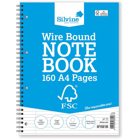 Silvine FSC Notebook Wirebnd 56gsm Ruled Margin Perforated Punched 4 Holes 160pp A4 Ref FSCTW80 [Pack 5]