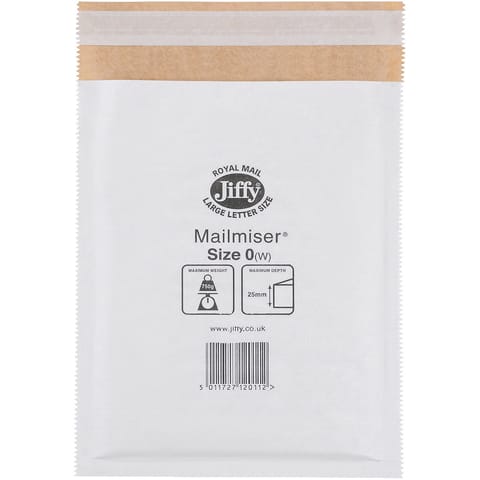 Jiffy Mailmiser Protective Envelopes Bubble-lined Size 0 P&S 140x195mm White Ref JMM-WH-0 [Pack 100]