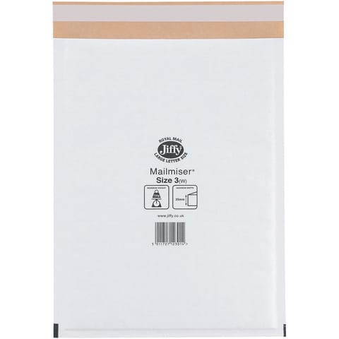 Jiffy Mailmiser Protective Envelopes Bubble-lined Size 3 220x320mm White Ref JMM-WH-3 [Pack 50]