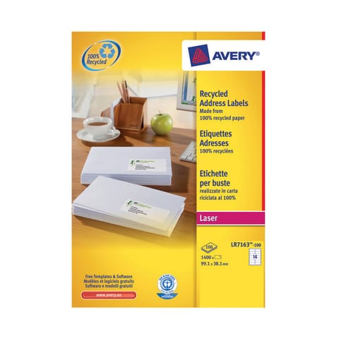 Avery Addressing Labels Laser Recycled 14 per Sheet 99.1x38.1mm White Ref LR7163-100 [1400 Labels]