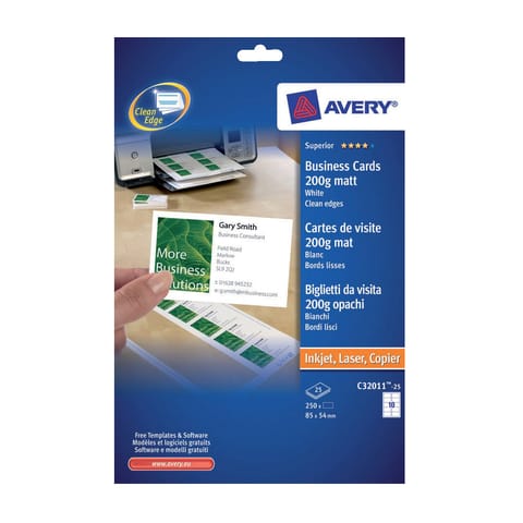Avery Quick and Clean Business Cards All Printers 200gsm 10 per Sheet White Ref C32011-25UK [250 Cards]