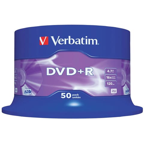 Verbatim DVD+R Recordable Disk Write-once Spindle 16x Speed 120min 4.7Gb Ref 43550 [Pack 50]
