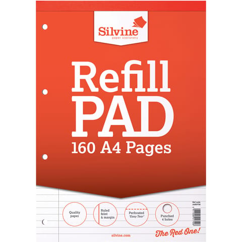 Silvine Refill Pad Headbound 75gsm Ruled Margin Perf Punched 4 Holes 160pp A4 Red Ref A4RPFM [Pack 6]