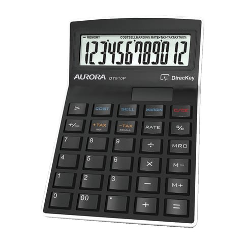 Aurora Semi-desk Calculator 12 Digit 3 Key Memory Battery/Solar Power 95x33x140mm Black Ref DT910PX