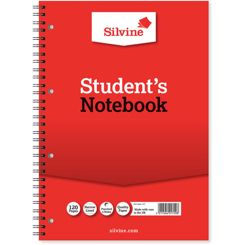 Silvine Student Notebook Wirebound 75gsm Narrow Ruled Punched 4 Holes 120pp A4 Red Ref 141 [Pack 12]