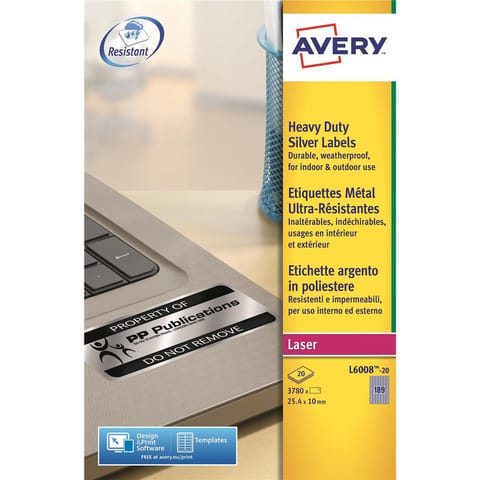 Avery Heavy Duty Labels Laser 189 per Sheet 25.4x10mm Silver Ref L6008-20 [3780 Labels]