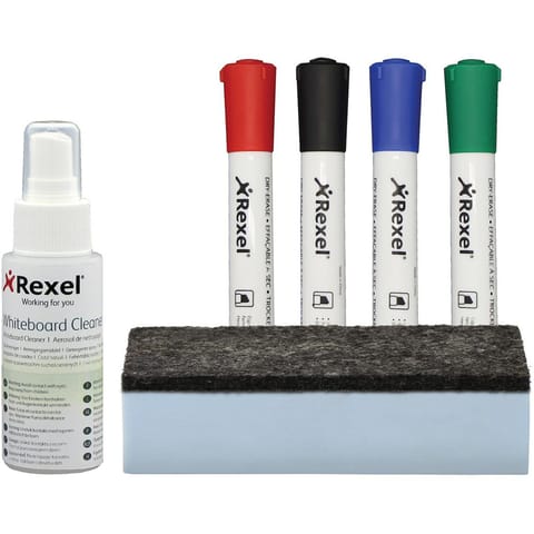 Rexel Whiteboard Cleaning Kit 4 Asst Dry-Erase Markers/Foam Eraser/Spray Cleaning Fluid Ref 1903798