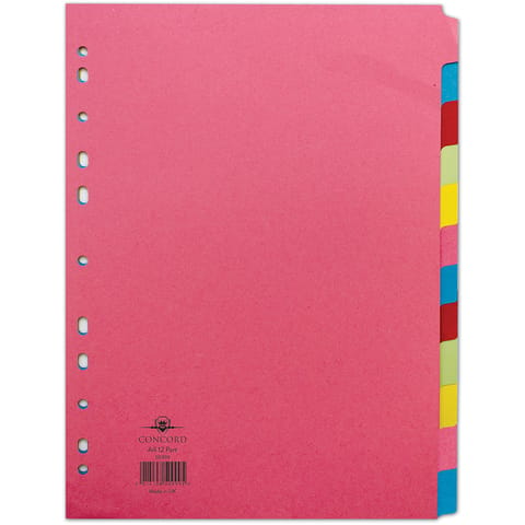 Concord Bright Subject Dividers 12-Part Card Multipunched 160gsm A4 Assorted Ref 50999