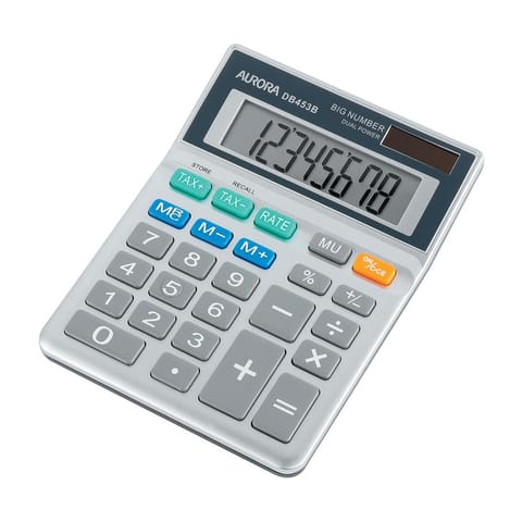 Aurora Semi-desk Calculator 8 Digit 3 Key Memory Battery/Solar Power 102x25x133mm Grey Ref DB453B
