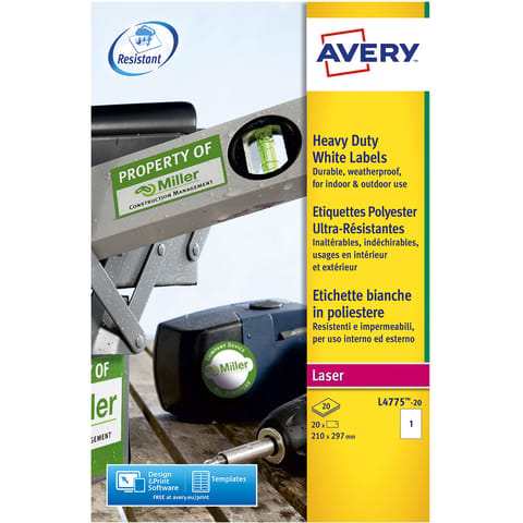 Avery Heavy Duty Labels Laser 1 per Sheet 210x297mm White Ref L4775-20 [20 Labels]