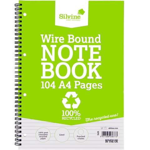 Silvine Recycled Notebook Wirebnd 70gsm Ruled Margin Perf Punched 4 Holes 104pp A4 Ref TWRE80 [Pack 12]