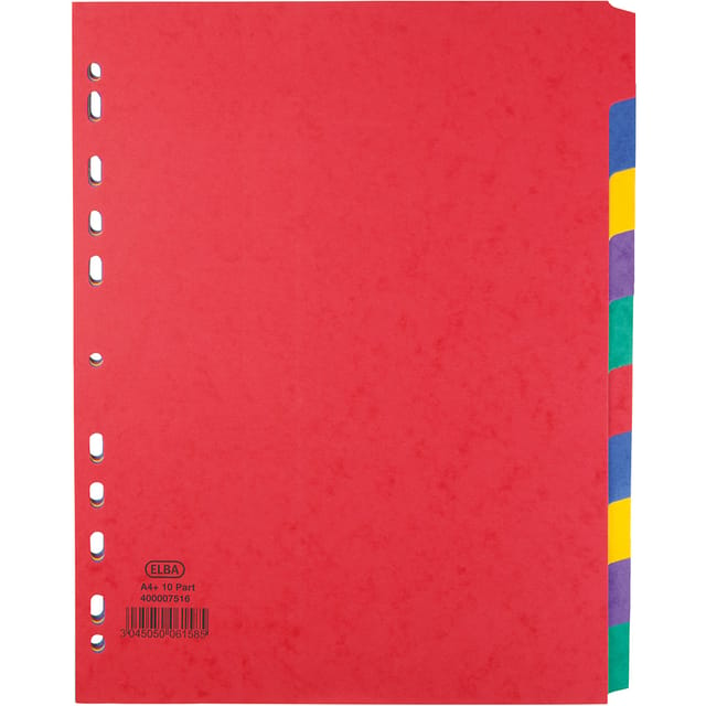 Elba Heavyweight Subject Dividers 10-Part Card Multipunched 220gsm Extra Wide A4+ Assorted Ref 400007516