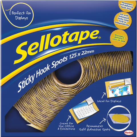 Sellotape Permanent Sticky Hook Spots in Handy Dispenser of 125 Spots Diameter 22mm Yellow Ref 1445185